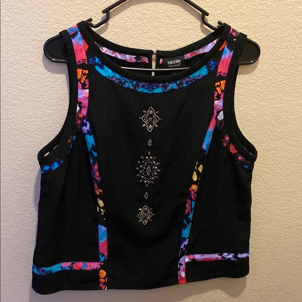 Nicole by Nicole Miller Sleeveless Blouse w Beading & Colorful Patterns Size L